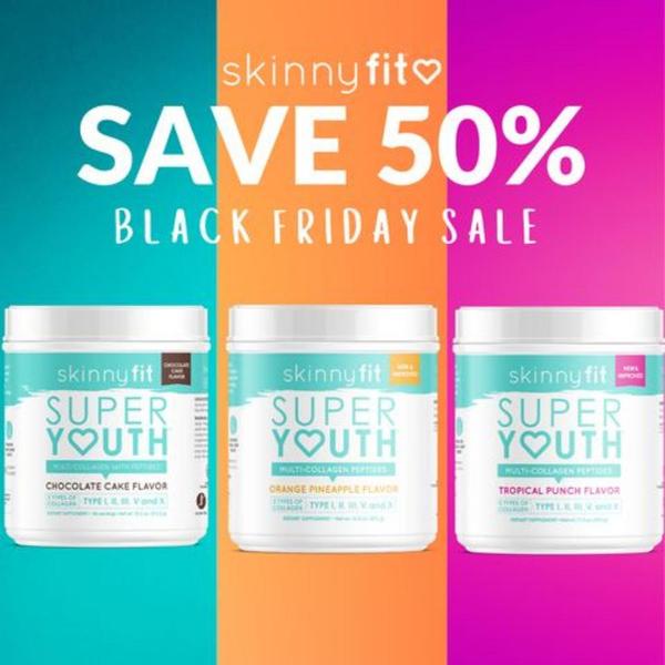 A high-contrast 1:1 square graphic featuring three variants of Super Youth collagen powder against a split-color background.